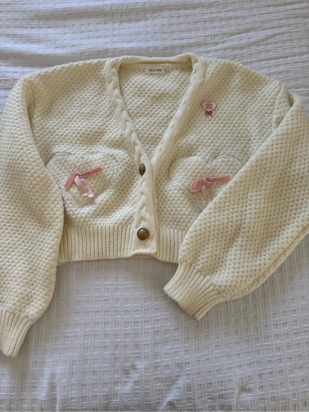 Kestan Cream Cropped Knit Cardigan with Pink Ribbon Heart Details